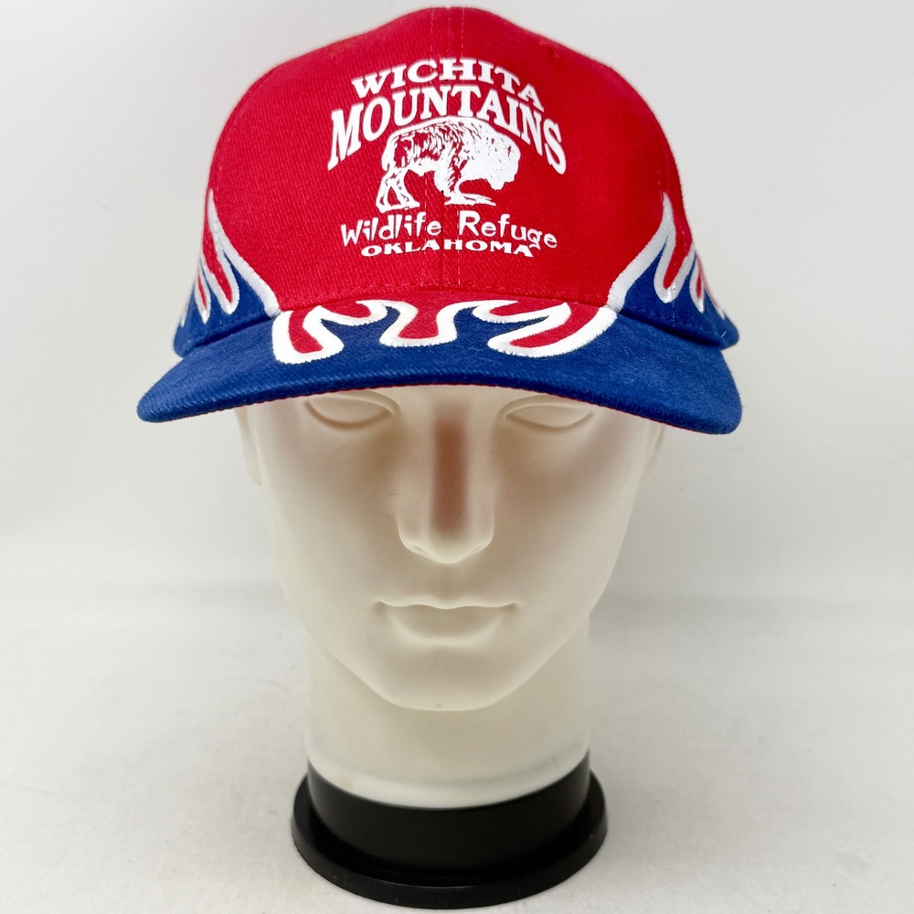Wichita Mountains Wildlife Refuge Flames Embroidered Red Blue Baseball Hat OS‎